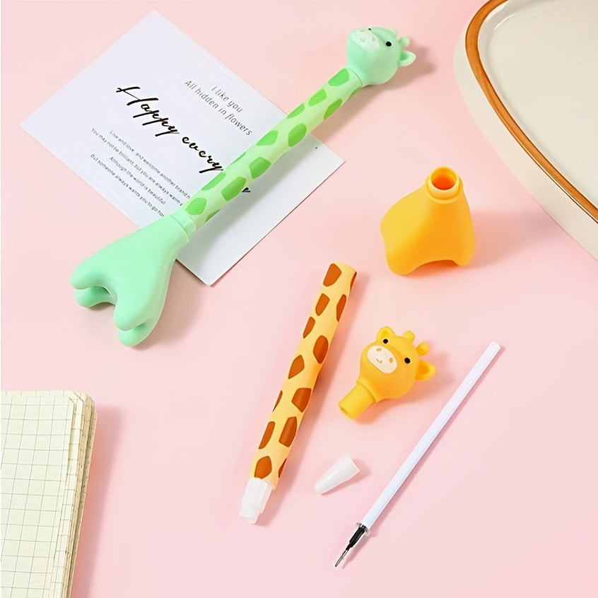 12 cute giraffe gel pens, stylish and realistic design, smooth black ink flow, perfect for signing, back-to-school stationery, Kawaii supplies, school colors, writing tools