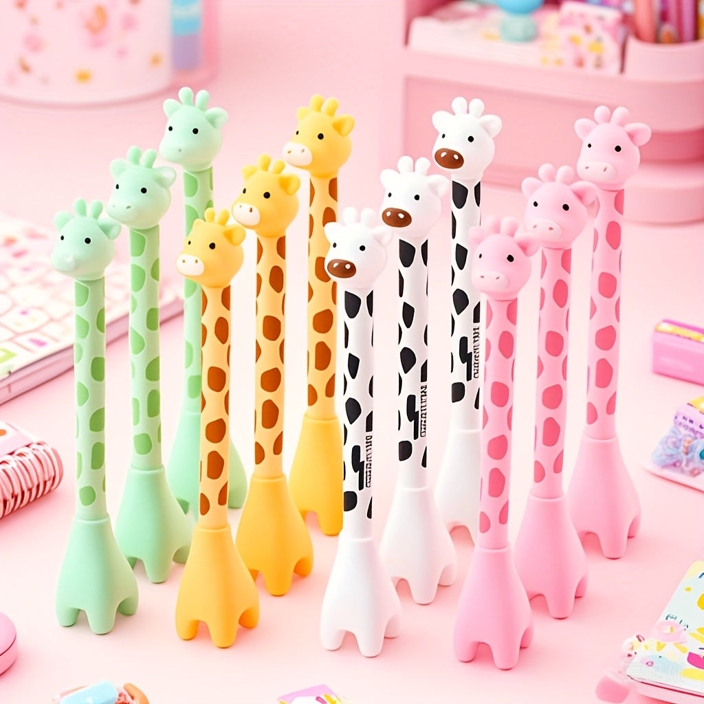 12 cute giraffe gel pens, stylish and realistic design, smooth black ink flow, perfect for signing, back-to-school stationery, Kawaii supplies, school colors, writing tools