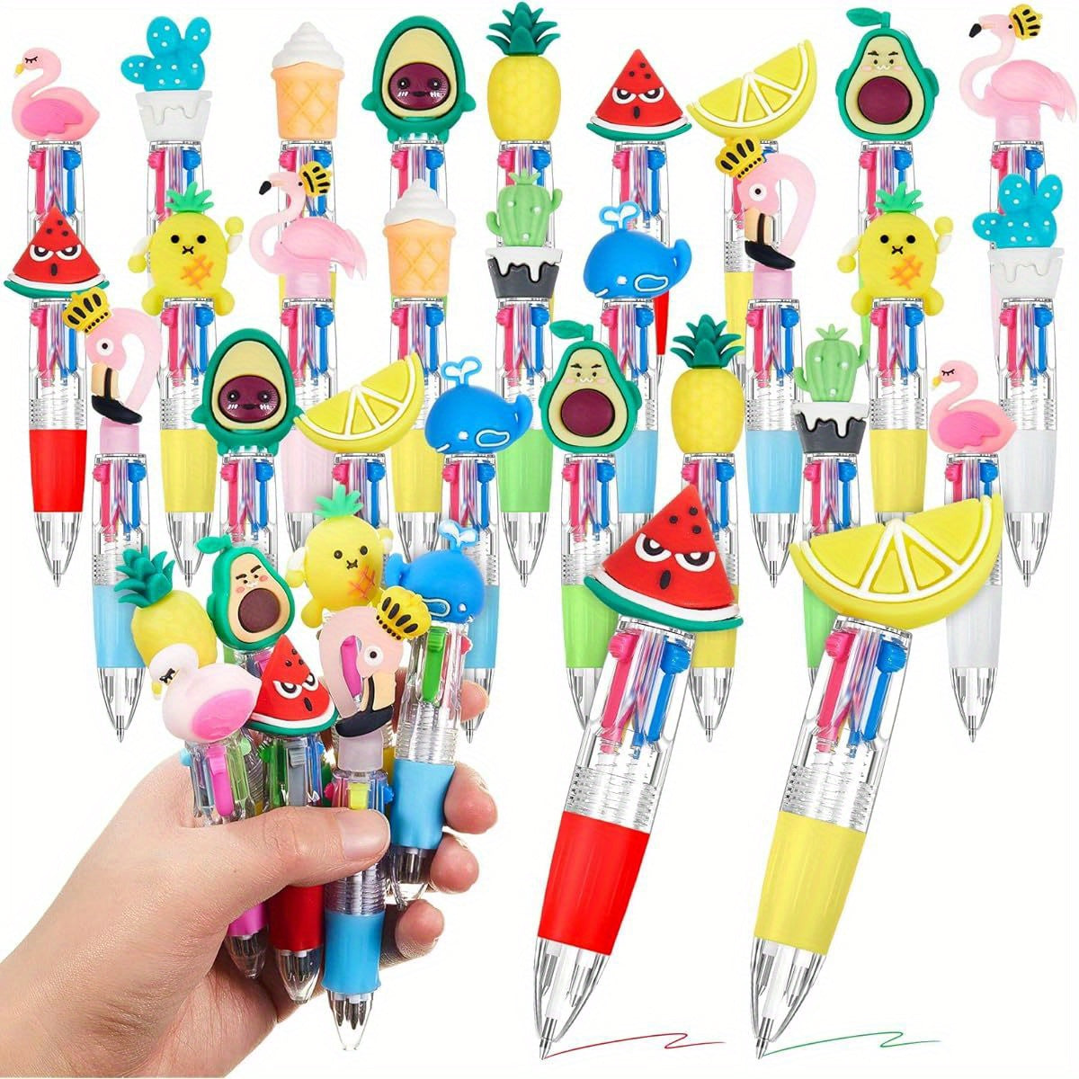 24pcs Summer Multicolor Retractable Ballpoint Pens - 4-in-1 Cute Fruit & Flamingo Cartoon Designs, Metal Retractable Pens for Birthdays, Hawaiian Parties, End of Year Gifts, Classroom & Office Supplies, Cute Pens, Party Favors, Playful Design, Durable