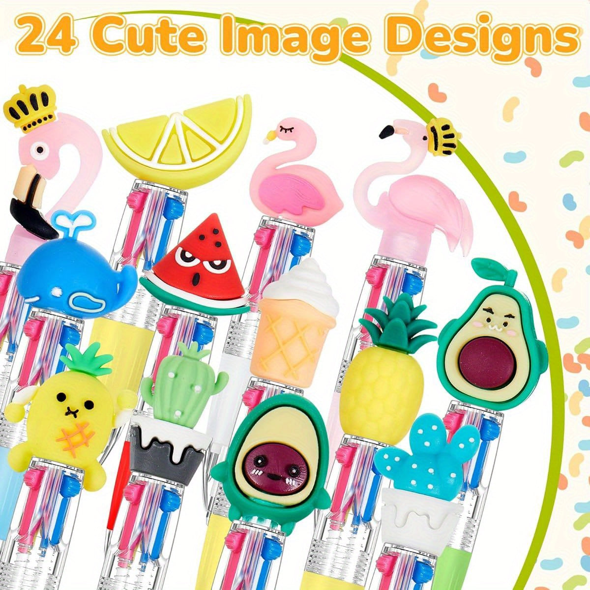 24pcs Summer Multicolor Retractable Ballpoint Pens - 4-in-1 Cute Fruit & Flamingo Cartoon Designs, Metal Retractable Pens for Birthdays, Hawaiian Parties, End of Year Gifts, Classroom & Office Supplies, Cute Pens, Party Favors, Playful Design, Durable
