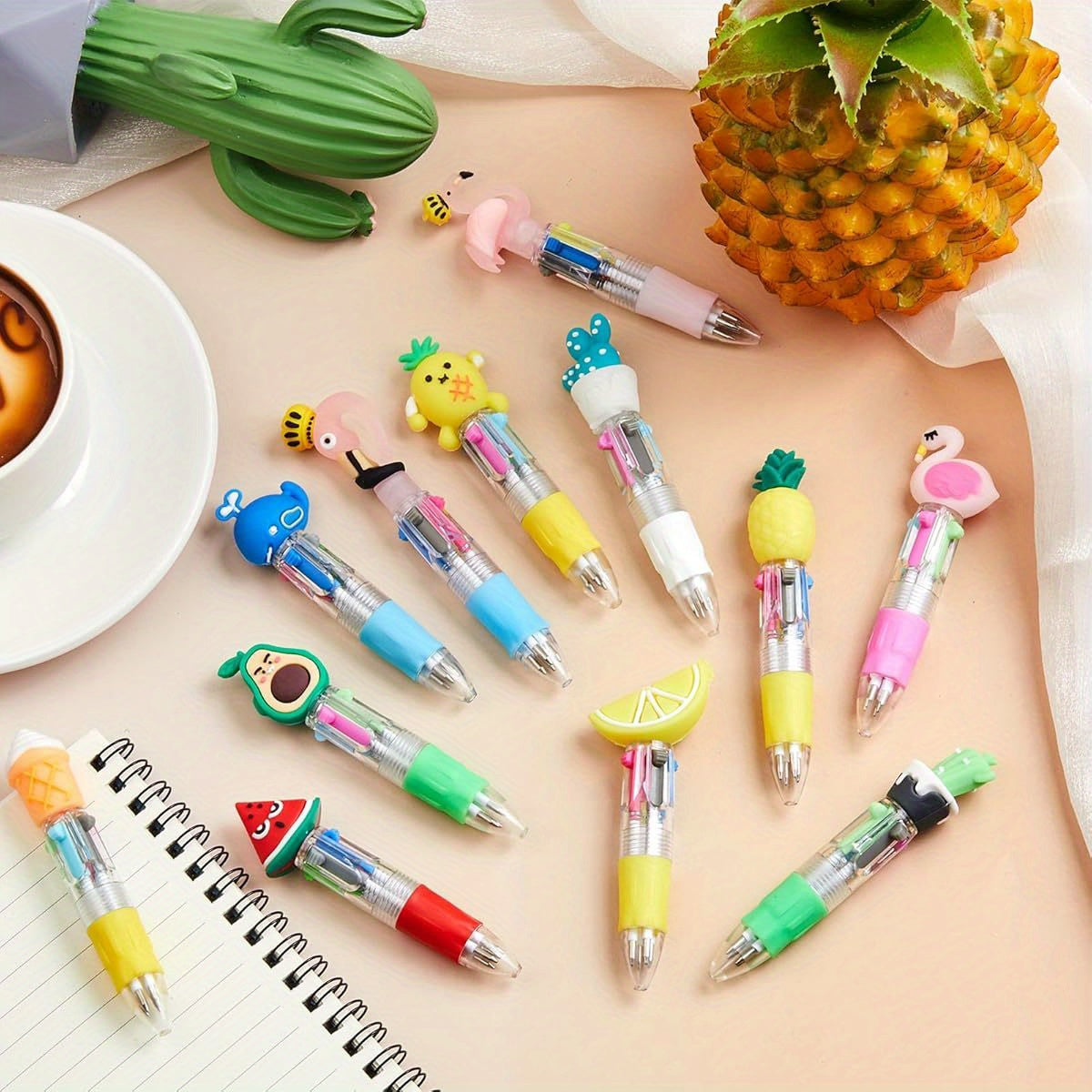 24pcs Summer Multicolor Retractable Ballpoint Pens - 4-in-1 Cute Fruit & Flamingo Cartoon Designs, Metal Retractable Pens for Birthdays, Hawaiian Parties, End of Year Gifts, Classroom & Office Supplies, Cute Pens, Party Favors, Playful Design, Durable