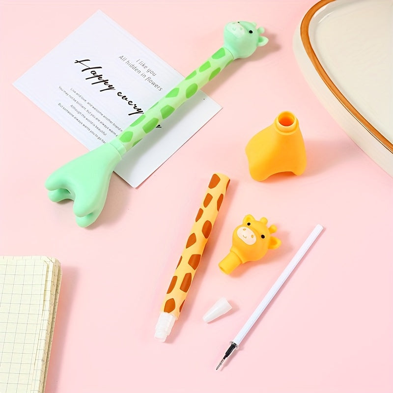 12 cute giraffe gel pens, stylish and realistic design, smooth black ink flow, perfect for signing, back-to-school stationery, Kawaii supplies, school colors, writing tools