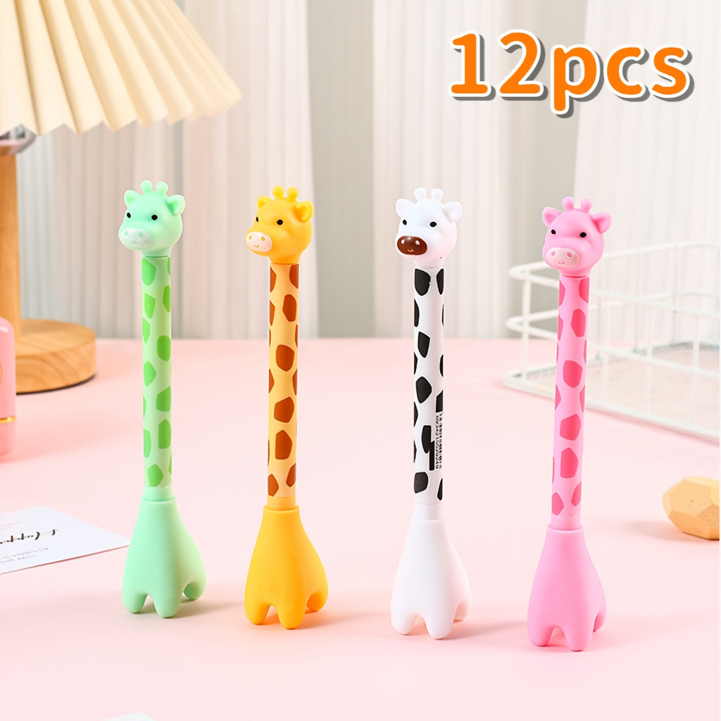 12 cute giraffe gel pens, stylish and realistic design, smooth black ink flow, perfect for signing, back-to-school stationery, Kawaii supplies, school colors, writing tools