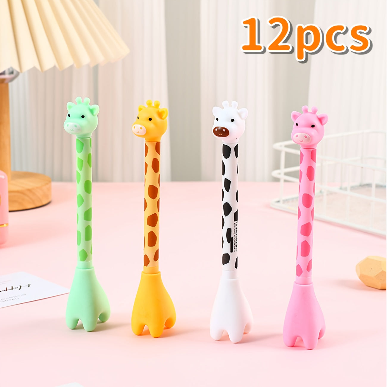 12 cute giraffe gel pens, stylish and realistic design, smooth black ink flow, perfect for signing, back-to-school stationery, Kawaii supplies, school colors, writing tools