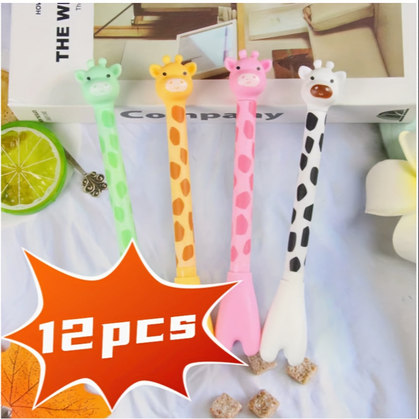 12 cute giraffe gel pens, stylish and realistic design, smooth black ink flow, perfect for signing, back-to-school stationery, Kawaii supplies, school colors, writing tools