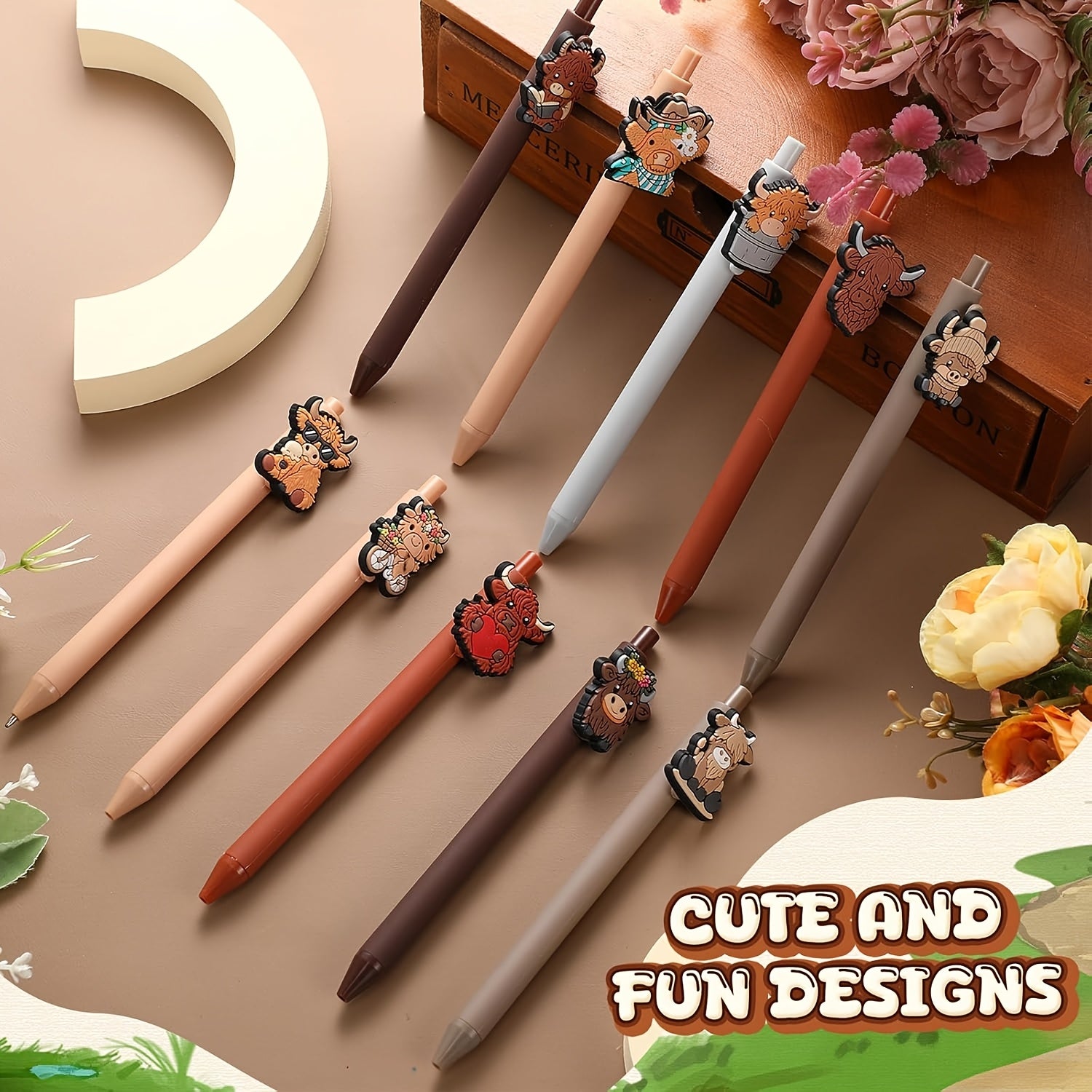 5/10/20pcs Cute Highland Cow Printed Pens Black Ink Retractable Highland Cow Pen Set Cartoon Highland Cow Gift Set School Home Office Stationery Theme Holiday Gifts Accessories Gifts for Colleagues