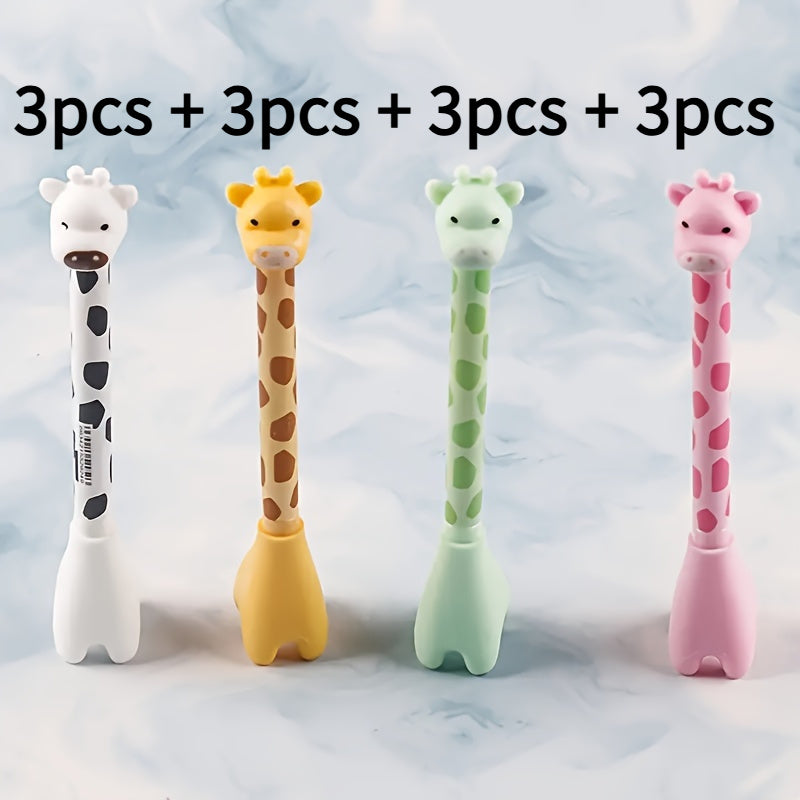 12 cute giraffe gel pens, stylish and realistic design, smooth black ink flow, perfect for signing, back-to-school stationery, Kawaii supplies, school colors, writing tools