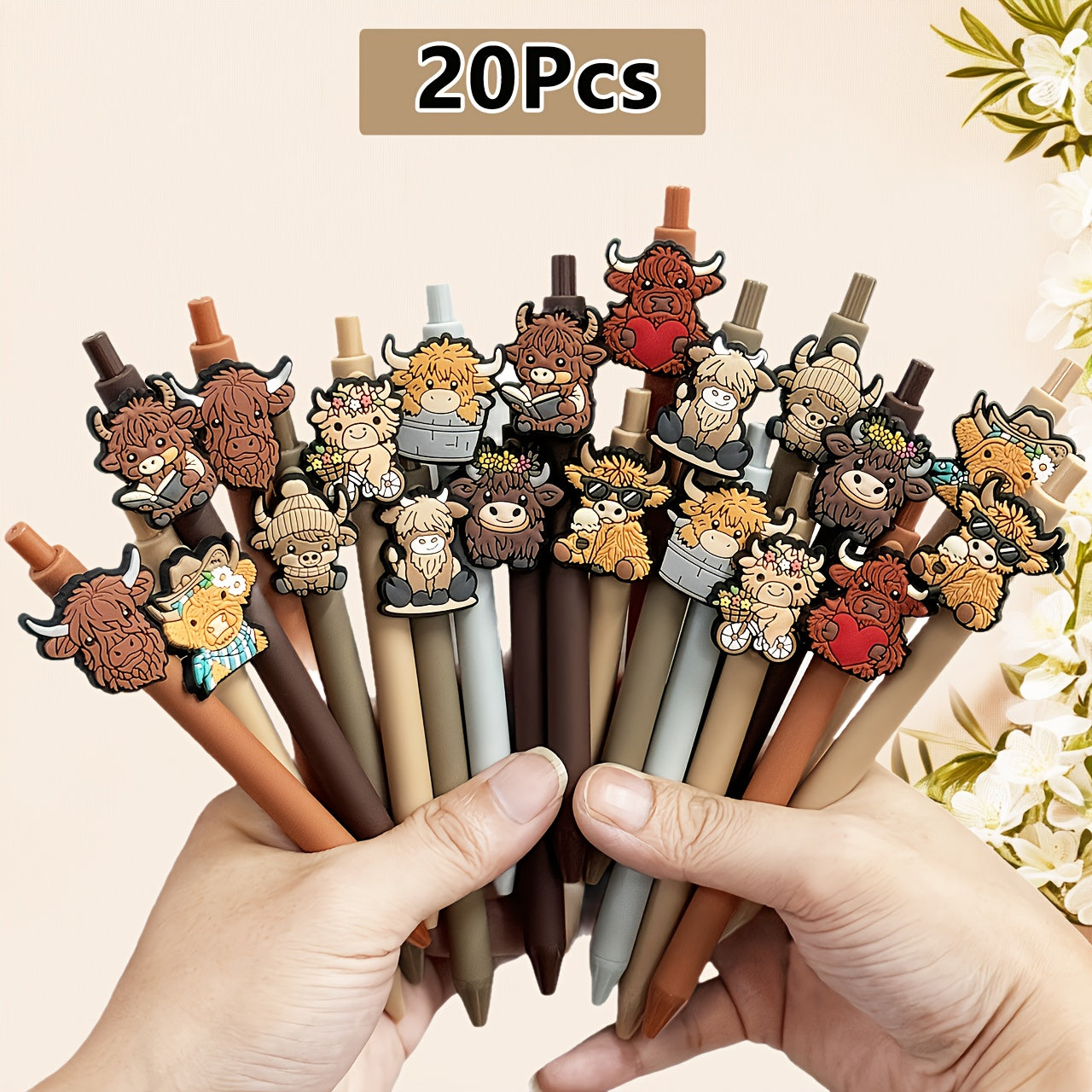 5/10/20pcs Cute Highland Cow Printed Pens Black Ink Retractable Highland Cow Pen Set Cartoon Highland Cow Gift Set School Home Office Stationery Theme Holiday Gifts Accessories Gifts for Colleagues