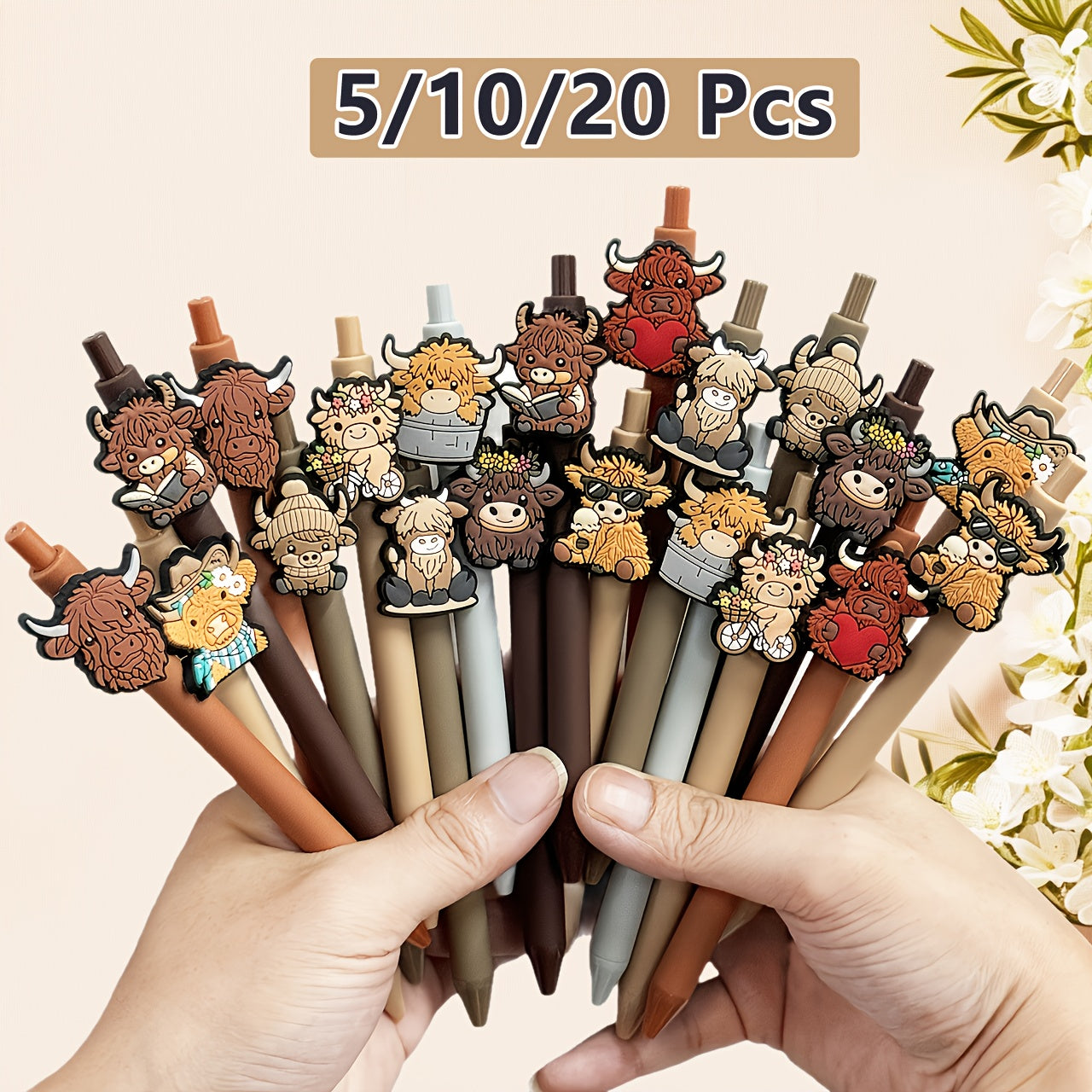 5/10/20pcs Cute Highland Cow Printed Pens Black Ink Retractable Highland Cow Pen Set Cartoon Highland Cow Gift Set School Home Office Stationery Theme Holiday Gifts Accessories Gifts for Colleagues