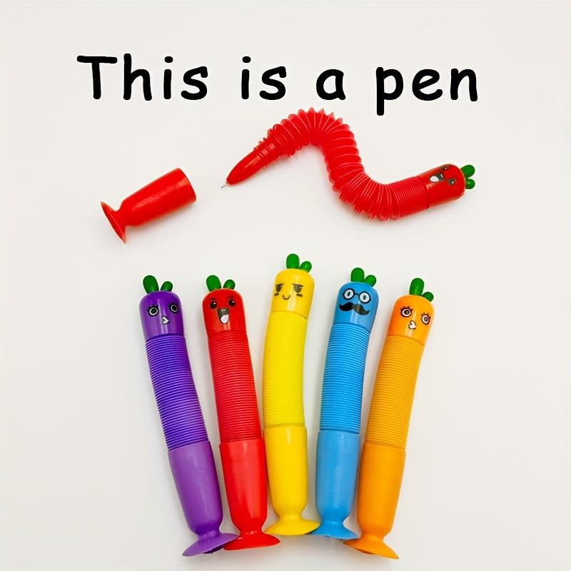 5pcs Cute Cartoon Carrot & Vegetable Retractable Pens Set - Fine Point, PP Material, with Suction Cup Base, Vibrant Colors (Purple, Red, Yellow, Blue, Green) - Creative Stationery for Students, Office & Home Use, Student Stationery | Playful Design |