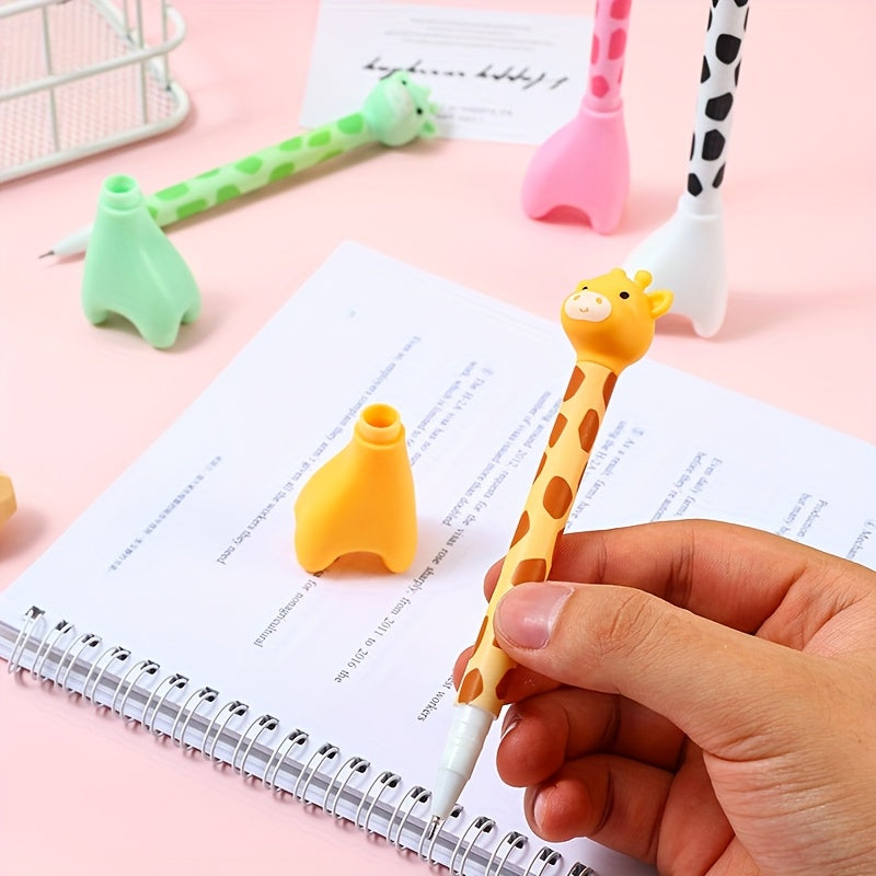 12 cute giraffe gel pens, stylish and realistic design, smooth black ink flow, perfect for signing, back-to-school stationery, Kawaii supplies, school colors, writing tools