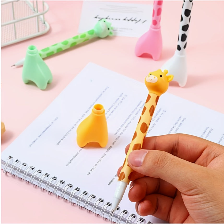 12 cute giraffe gel pens, stylish and realistic design, smooth black ink flow, perfect for signing, back-to-school stationery, Kawaii supplies, school colors, writing tools