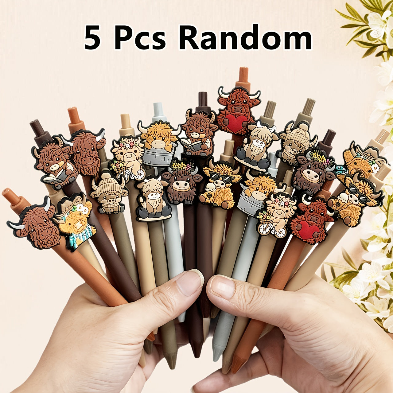 5/10/20pcs Cute Highland Cow Printed Pens Black Ink Retractable Highland Cow Pen Set Cartoon Highland Cow Gift Set School Home Office Stationery Theme Holiday Gifts Accessories Gifts for Colleagues