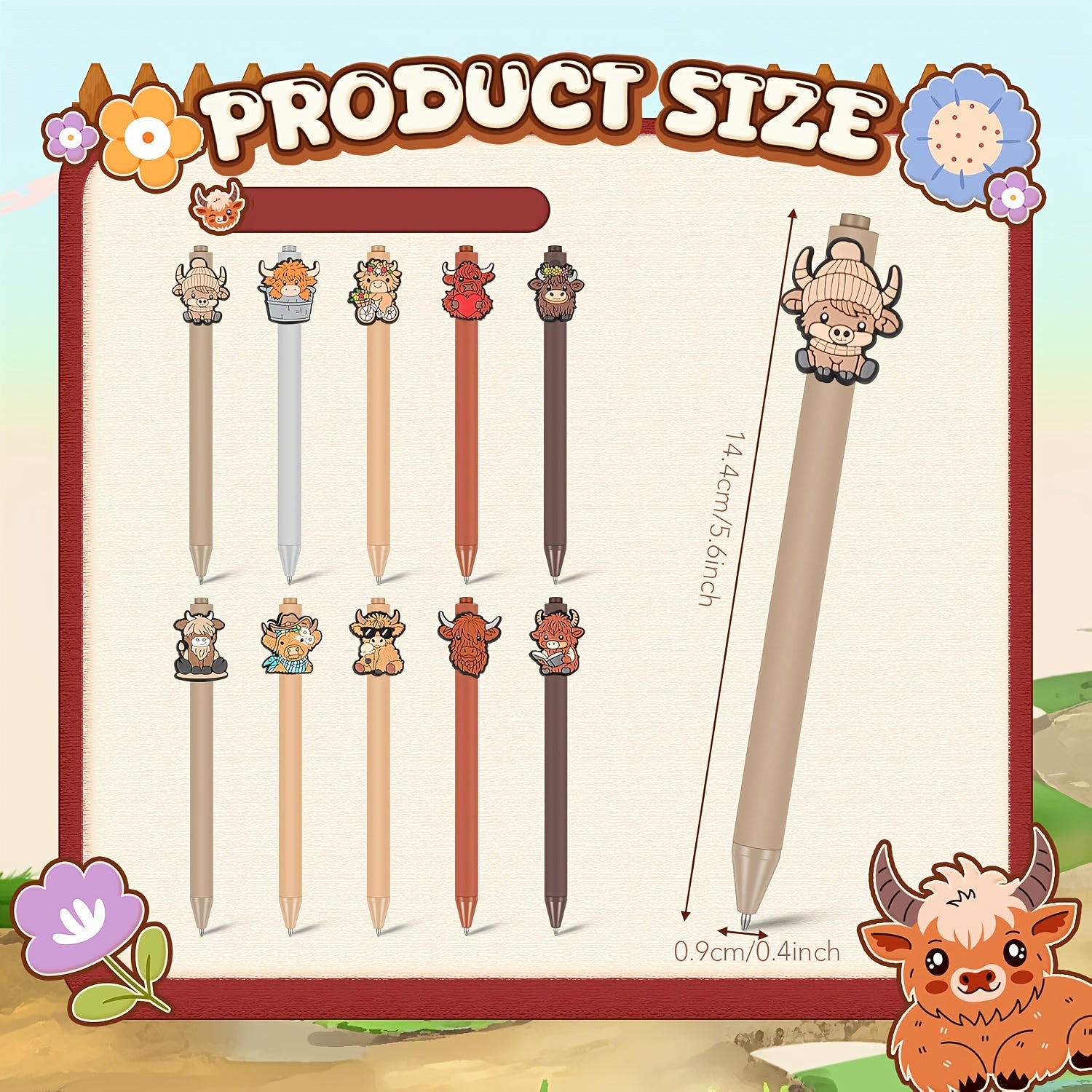 5/10/20pcs Cute Highland Cow Printed Pens Black Ink Retractable Highland Cow Pen Set Cartoon Highland Cow Gift Set School Home Office Stationery Theme Holiday Gifts Accessories Gifts for Colleagues