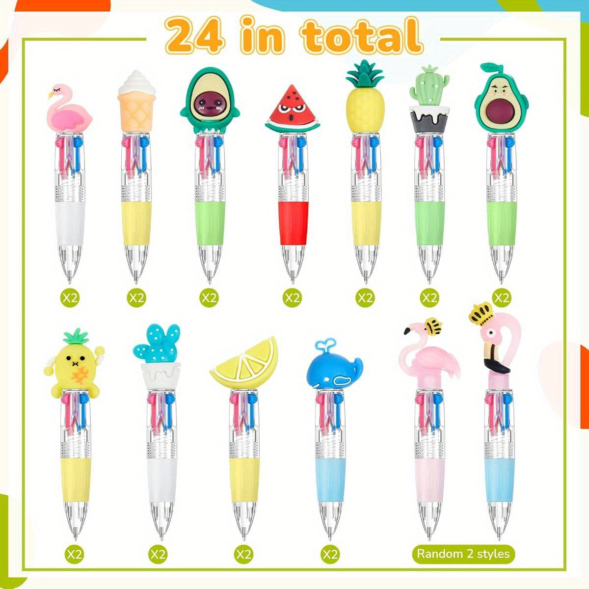 24pcs Summer Multicolor Retractable Ballpoint Pens - 4-in-1 Cute Fruit & Flamingo Cartoon Designs, Metal Retractable Pens for Birthdays, Hawaiian Parties, End of Year Gifts, Classroom & Office Supplies, Cute Pens, Party Favors, Playful Design, Durable