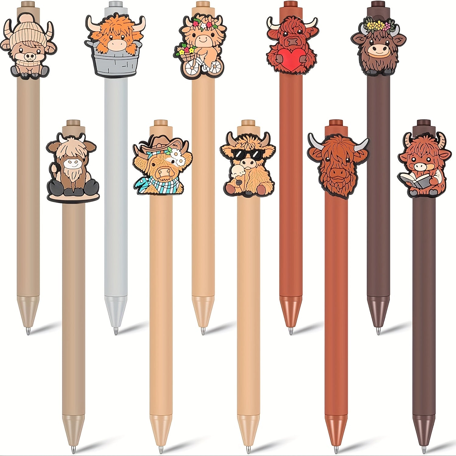5/10/20pcs Cute Highland Cow Printed Pens Black Ink Retractable Highland Cow Pen Set Cartoon Highland Cow Gift Set School Home Office Stationery Theme Holiday Gifts Accessories Gifts for Colleagues