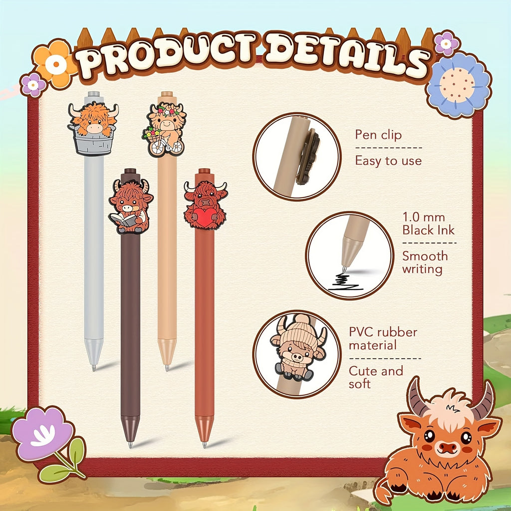 5/10/20pcs Cute Highland Cow Printed Pens Black Ink Retractable Highland Cow Pen Set Cartoon Highland Cow Gift Set School Home Office Stationery Theme Holiday Gifts Accessories Gifts for Colleagues