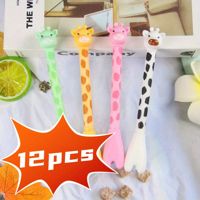12 cute giraffe gel pens, stylish and realistic design, smooth black ink flow, perfect for signing, back-to-school stationery, Kawaii supplies, school colors, writing tools